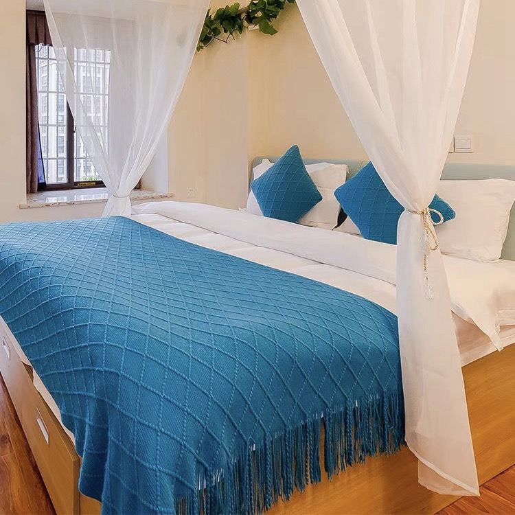Solid Color Knitted Blanket with Fringe for Decor