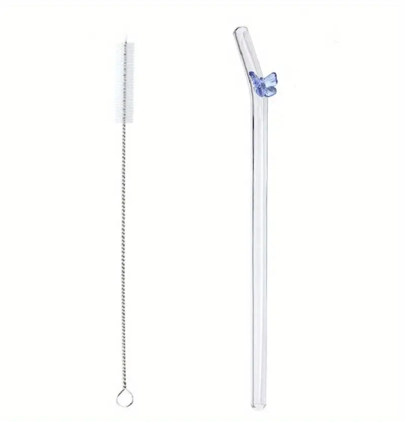 Colorful Butterfly Reusable Glass Straw with Brushes