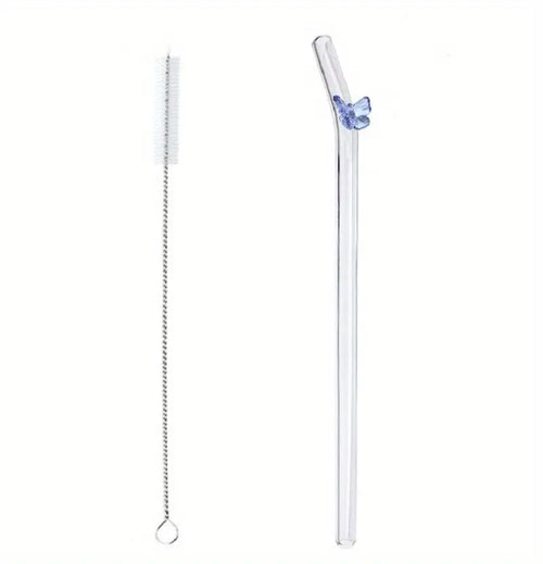 Colorful Butterfly Reusable Glass Straw with Brushes