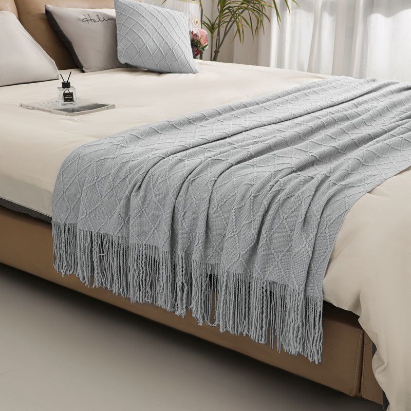 Solid Color Knitted Blanket with Fringe for Decor