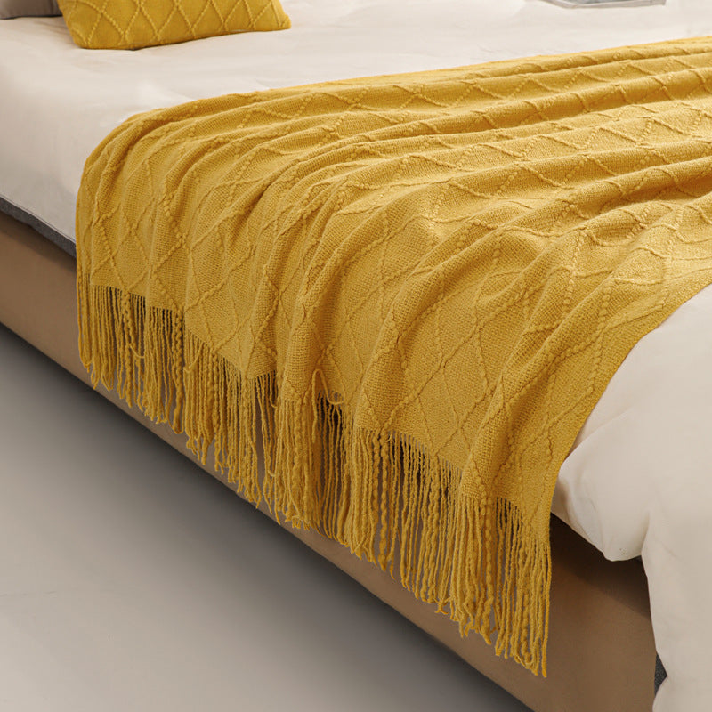 Solid Color Knitted Blanket with Fringe for Decor