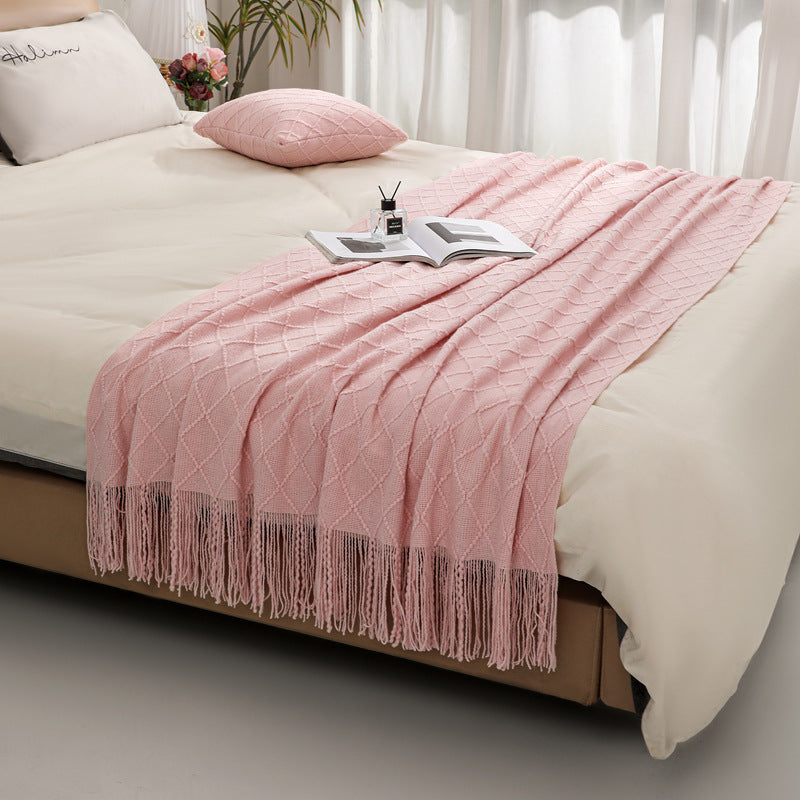 Solid Color Knitted Blanket with Fringe for Decor