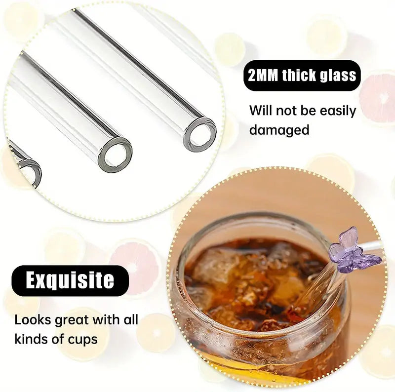 Colorful Butterfly Reusable Glass Straw with Brushes
