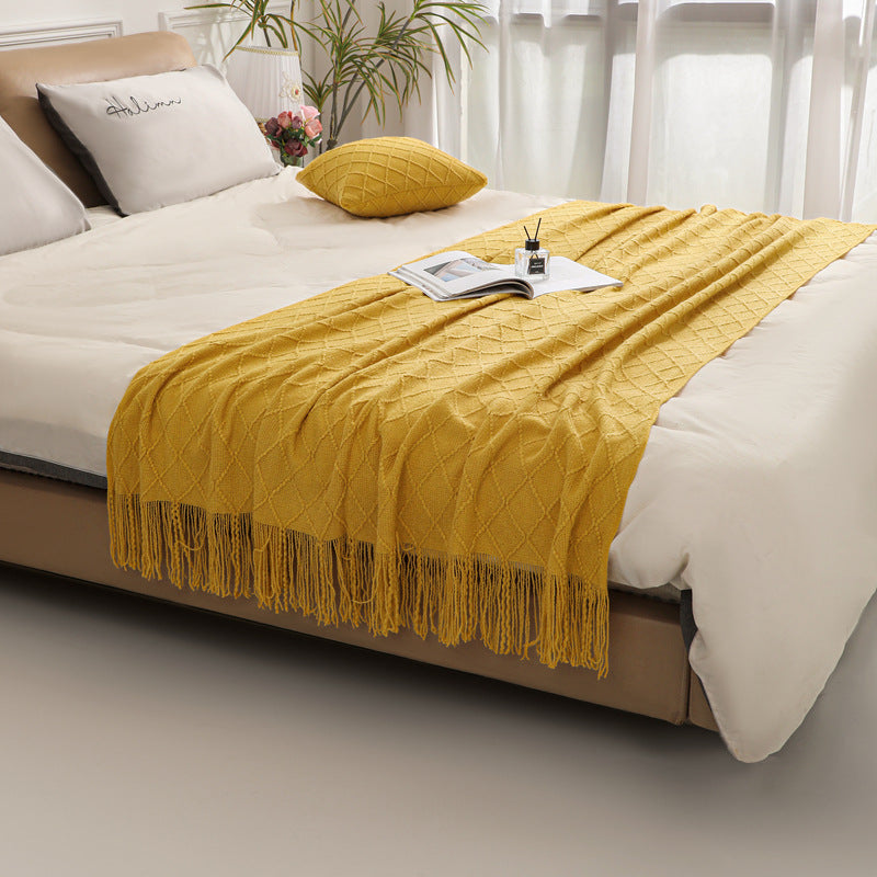 Solid Color Knitted Blanket with Fringe for Decor