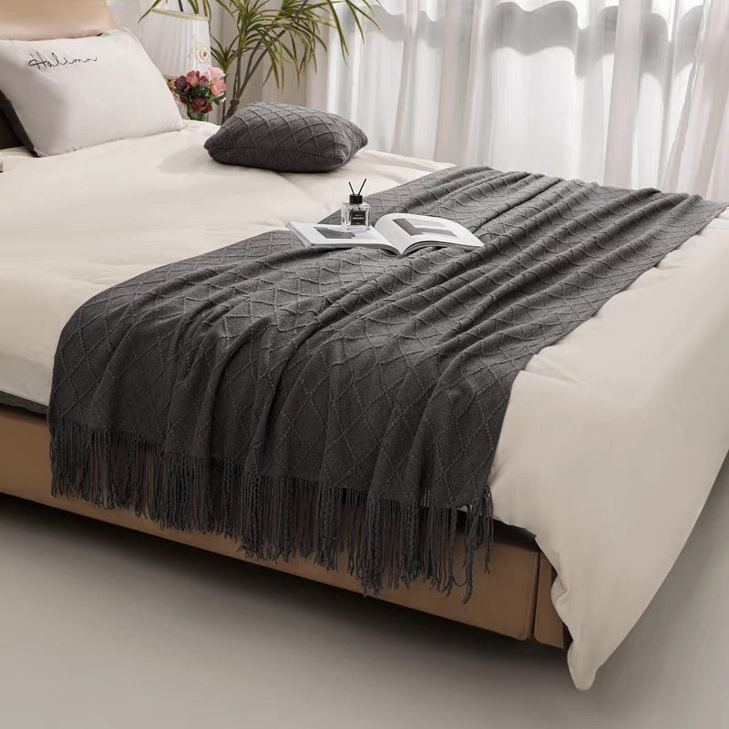Solid Color Knitted Blanket with Fringe for Decor