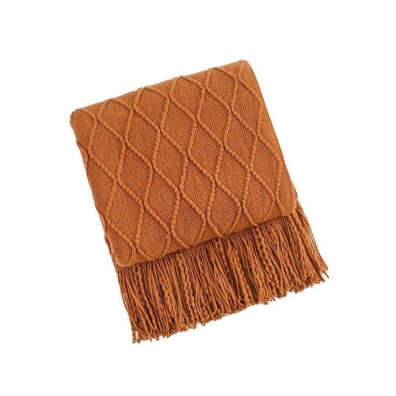 Solid Color Knitted Blanket with Fringe for Decor