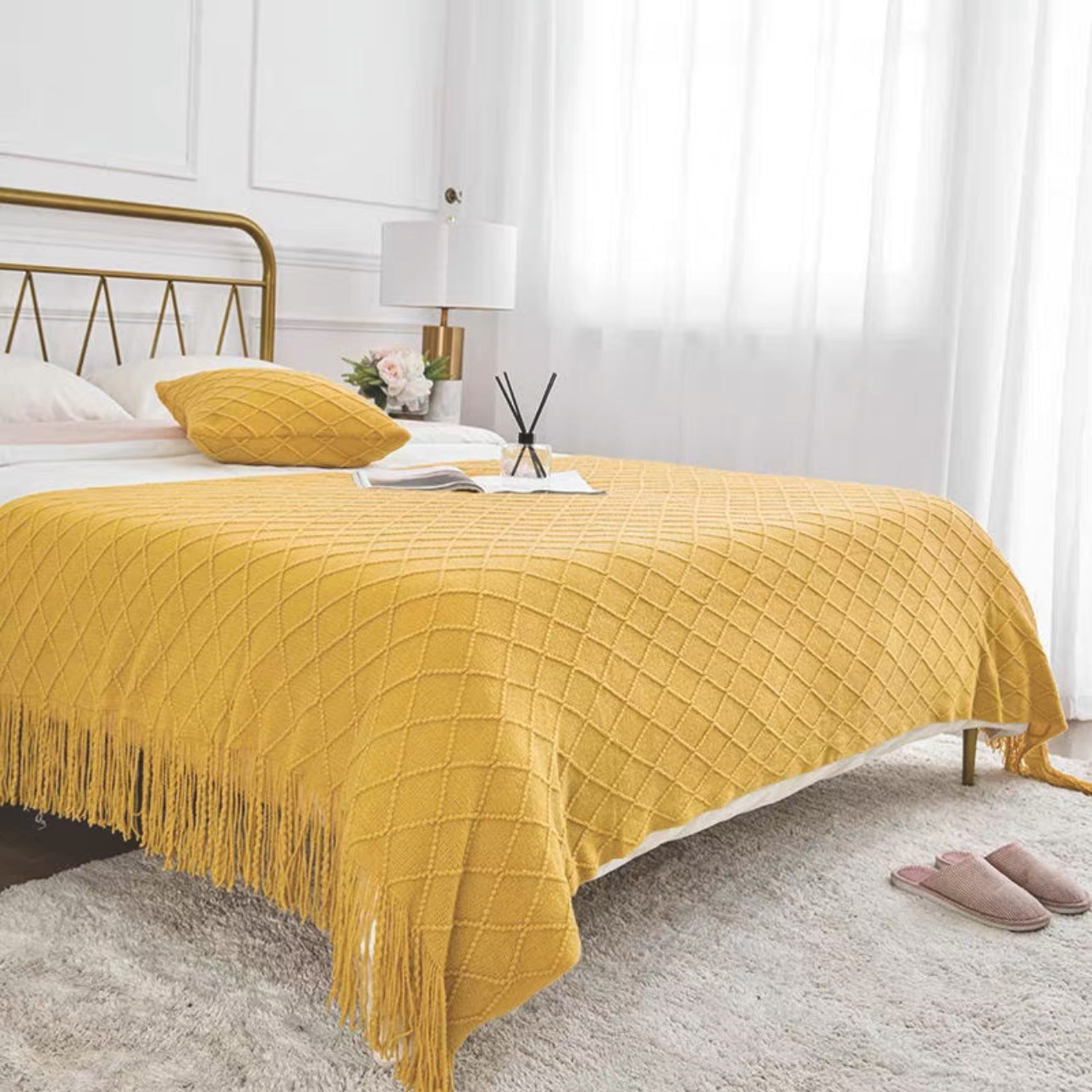 Solid Color Knitted Blanket with Fringe for Decor