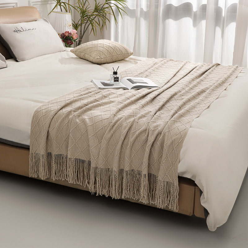 Solid Color Knitted Blanket with Fringe for Decor
